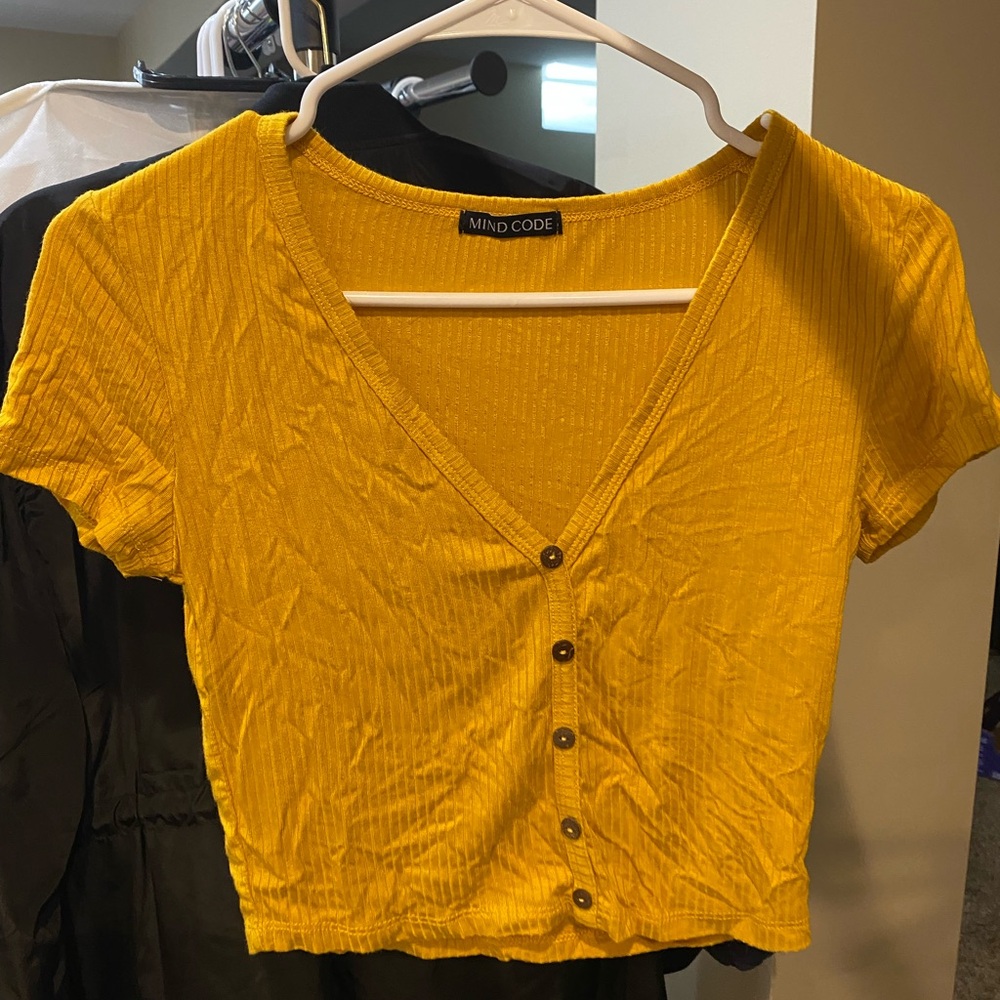 Mind Code Yellow V-Neck Button Crop Top